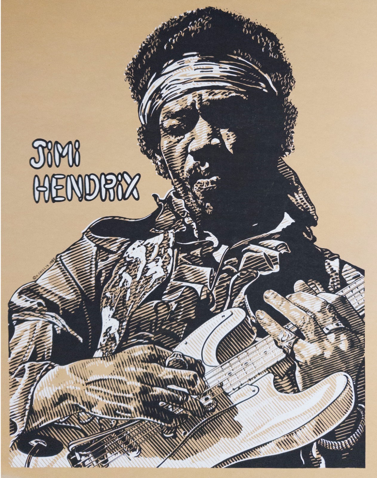 🎸 pristine vintage Jimi Hendrix silkscreen by K. Chillis, 1980 / MINT • RARE