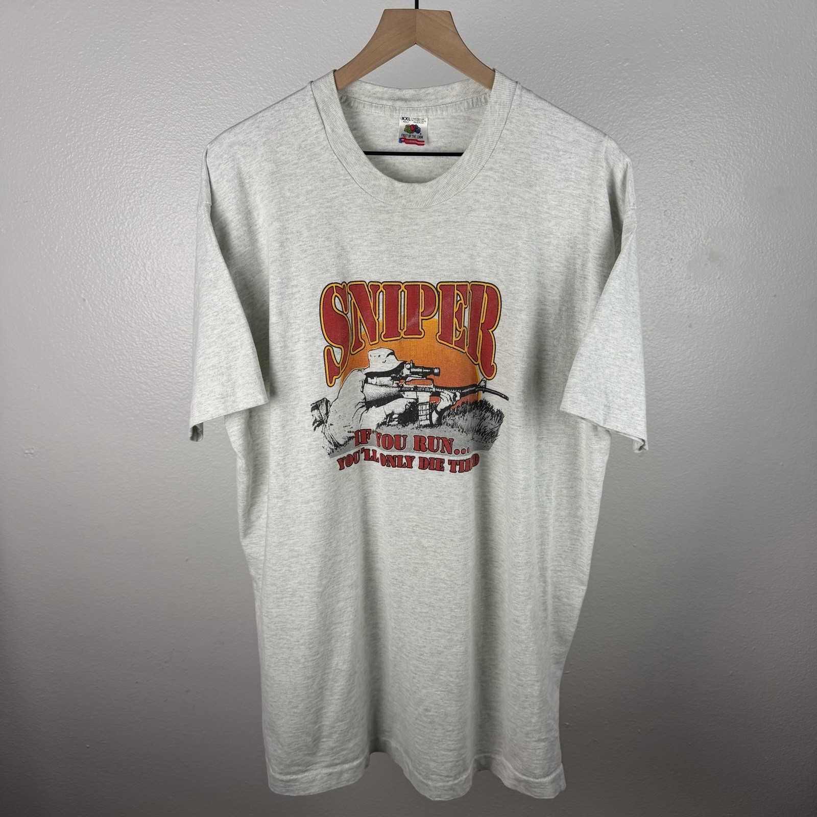 Vintage Military Sniper If You Run You\'ll Only Die Tired T Shirt Gray Size 2XL