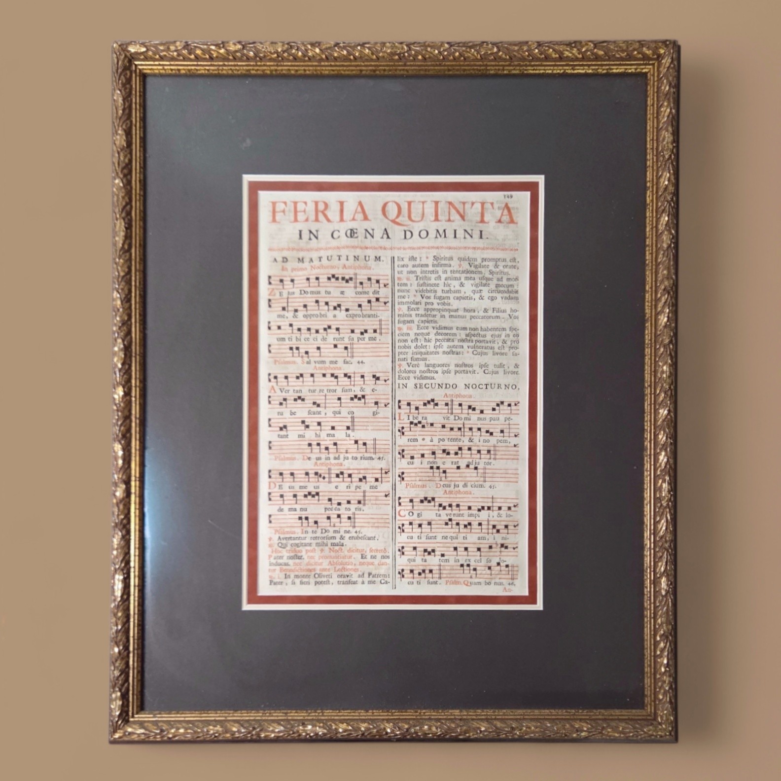 Antique 1793 Venice Gregorian Chant Music Leaf Feria Quinta Framed Gallery Art