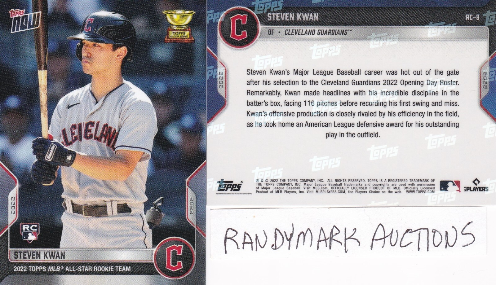 Steven Kwan CLEVELAND GUARDIANS 2022 TOPPS NOW ROOKIE CUP TEAM RC-8 SP 4015