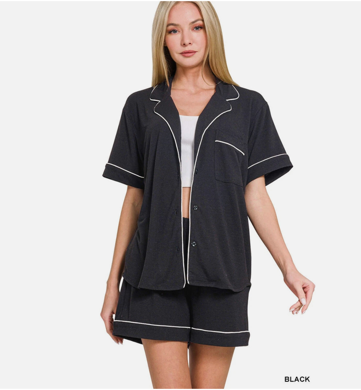 Zenana Women's Button Down Lounge Set - Black Size Medium NEW
