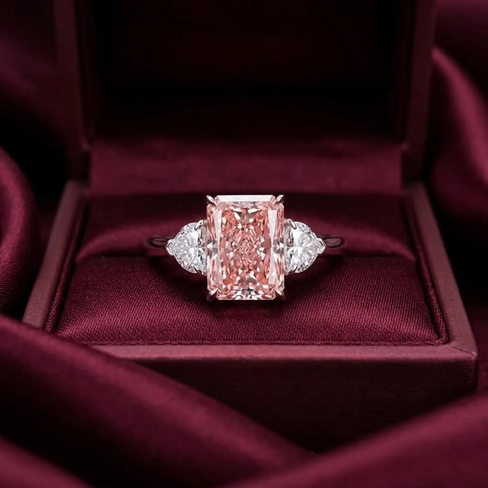 IGI 4.20Ct Radiant VS1 Lab Grown Pink Fancy Diamond Wedding Ring 14K White Gold
