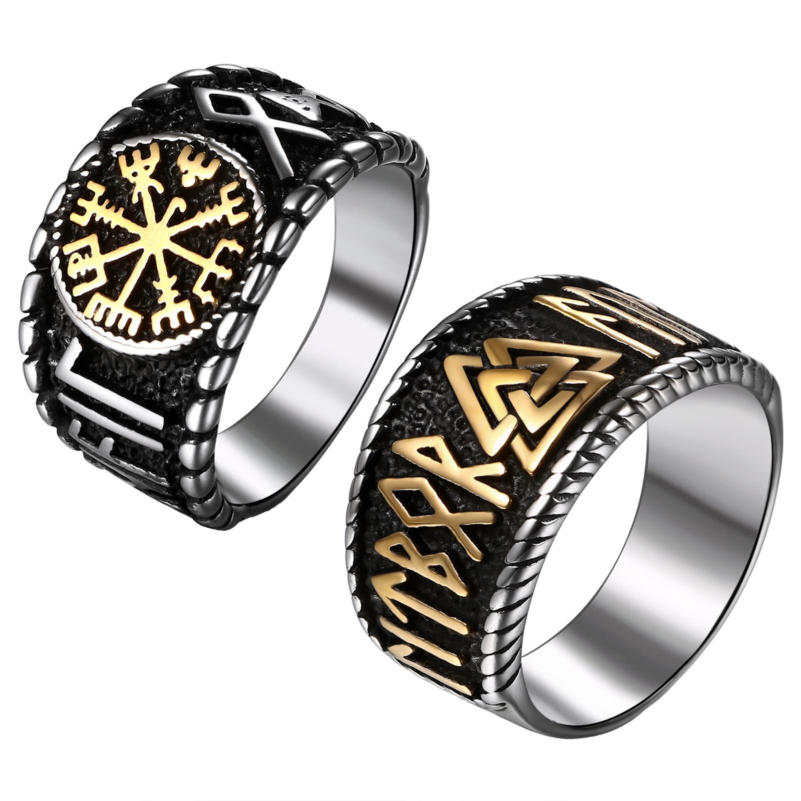 2pcs Men\'s Norse Viking Stainless Steel Ring Set Rune Compass Odin Symbol Band