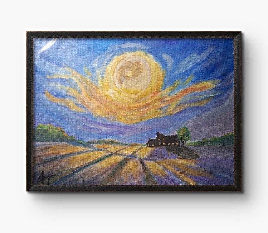 AT Signed OOAK Original Canvas Painting Moonlit Landscape House Trees