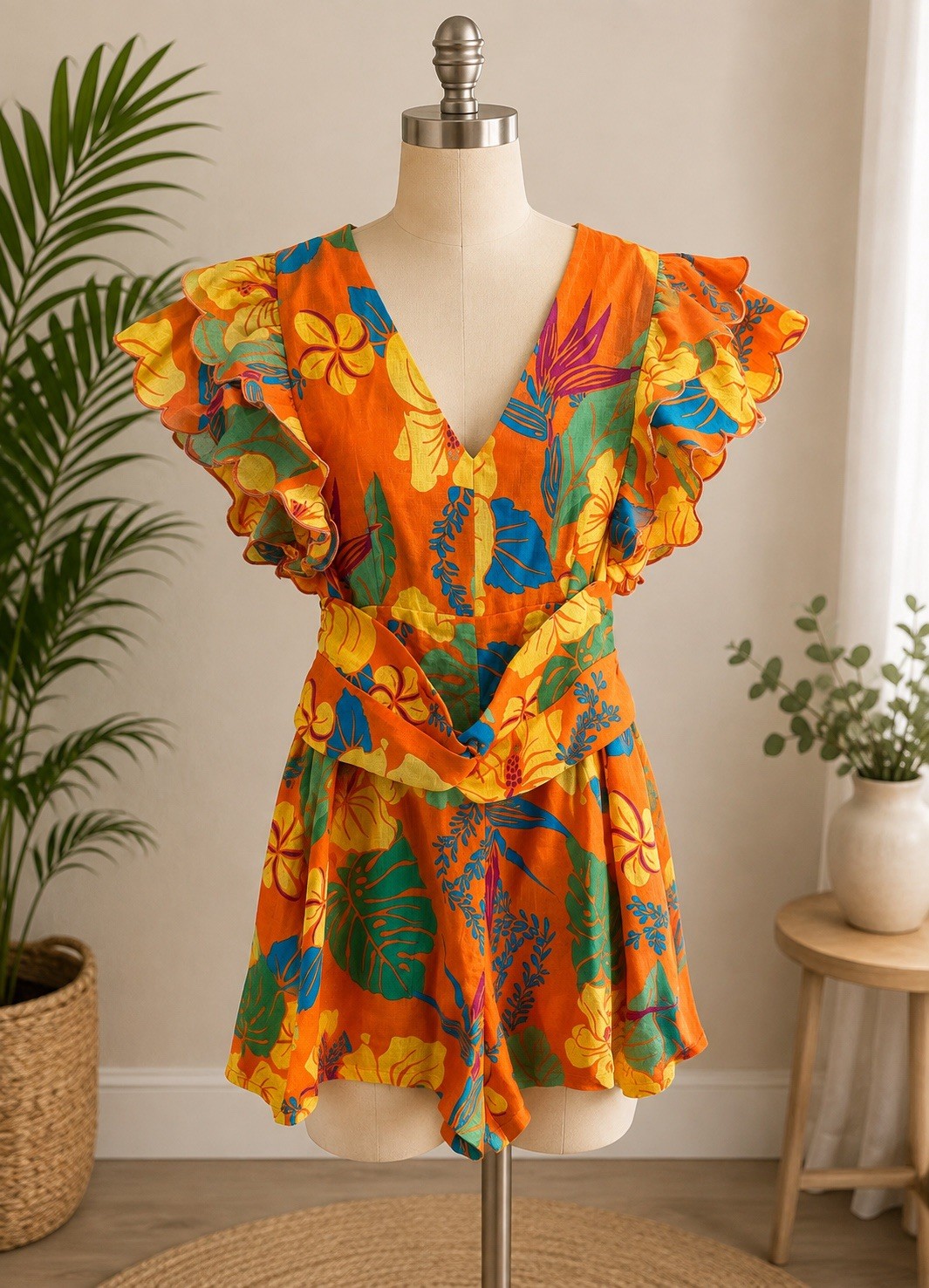 NWT Fate Tropical Floral Flutter Sleeve Wrap Romper Orange Boho Resort Size S
