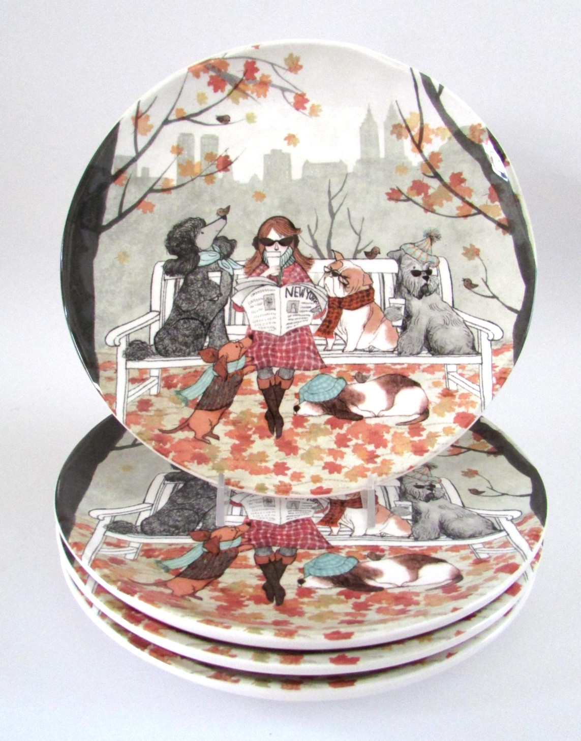 Pier One Fall Autumn in New York Central Park w Dogs Plates Set 4