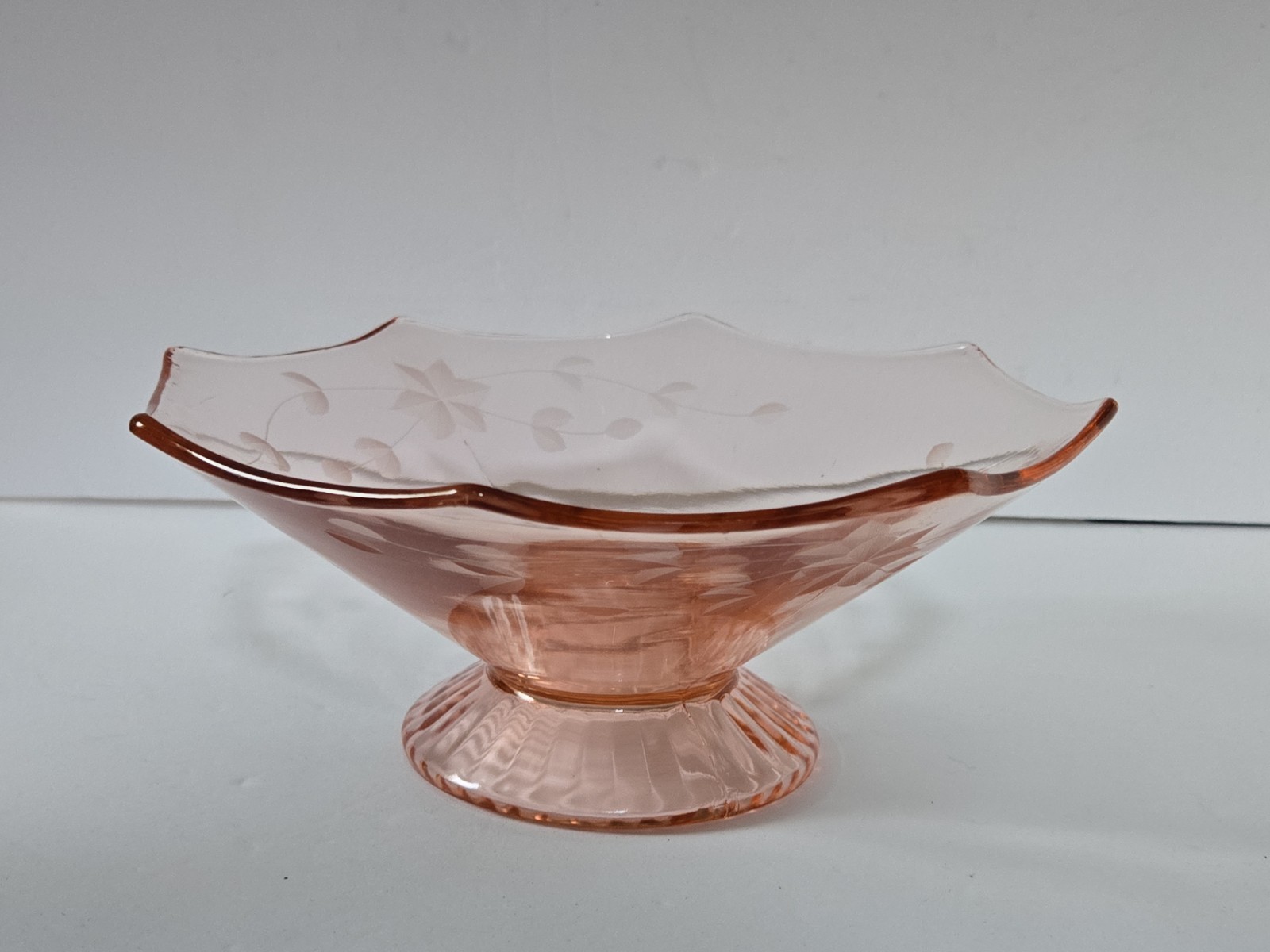 Vtg Pink Depression Glass Octagon Footed Bowl Compote Etched Floral Centerpiece