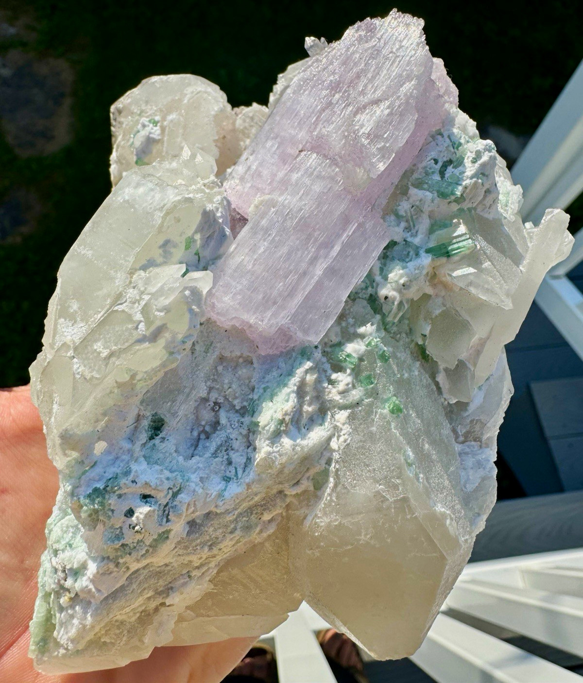 Rare stunning huge Kunzite on matrix w/green tourmaline and quartz 894 grams. Rare stunning huge Kunzite on matrix w/green tourmaline and quartz 894 grams.