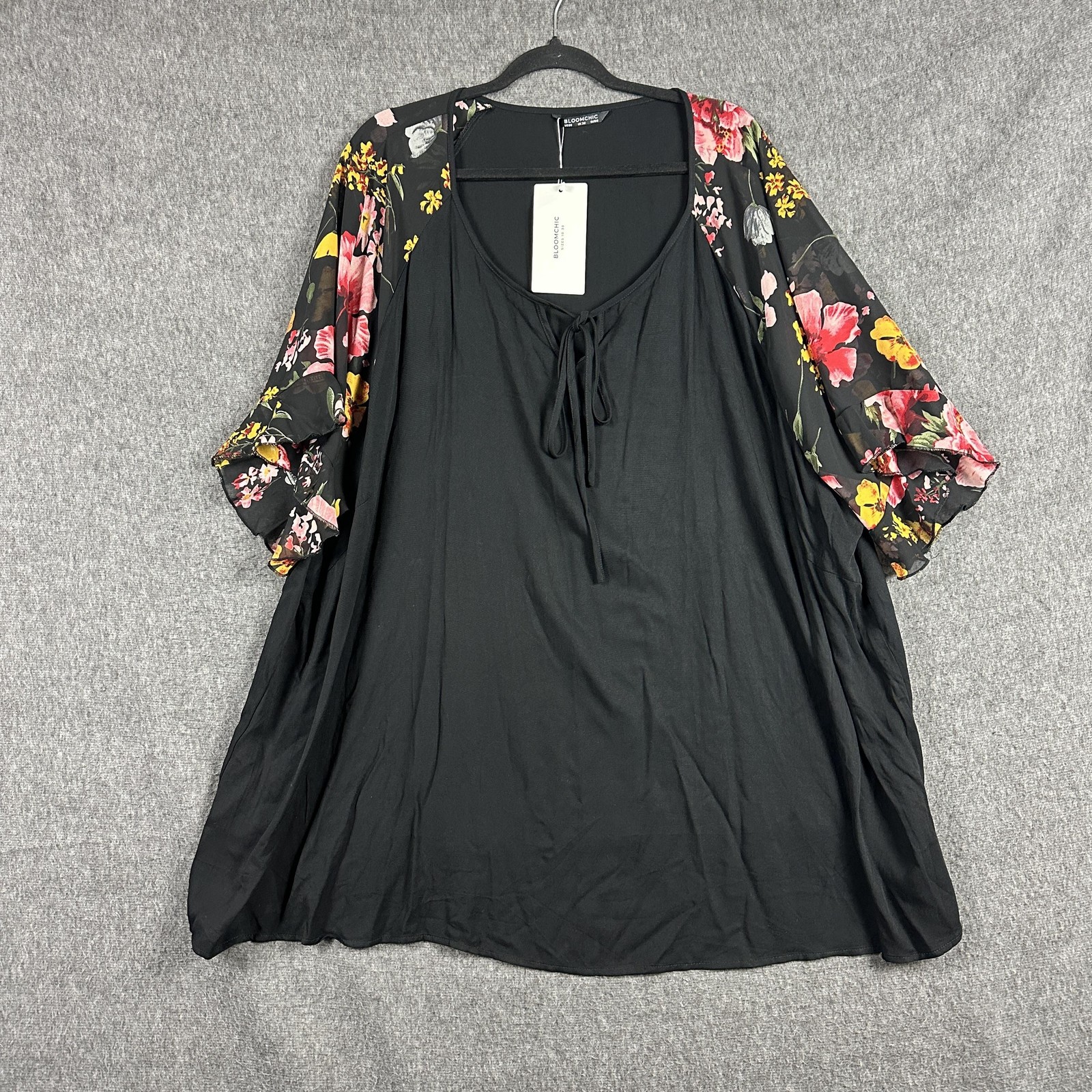 BloomChic Tunic Top Womens 28 Black Floral Sheer Sleeve Tie Neck Plus Size