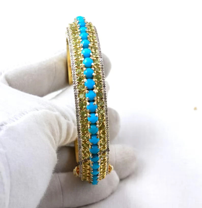 Pave Diamond & Turquoise Peridot Women\'s Bangle 18k Yellow Gold Over