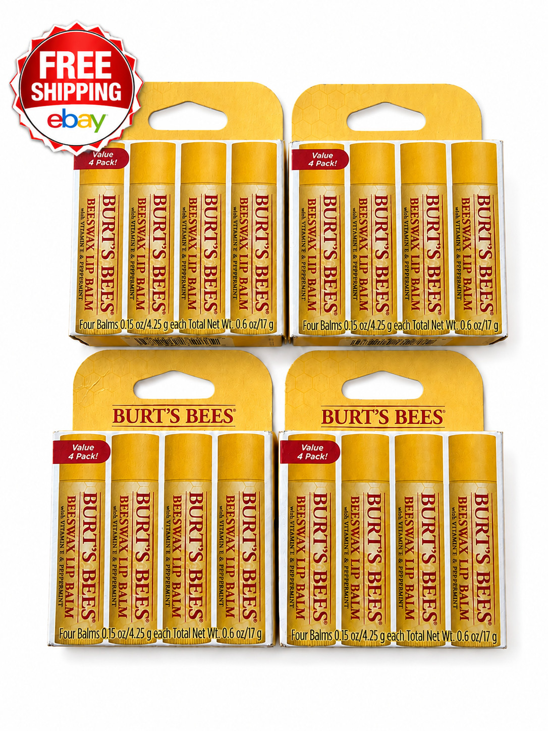 Burt's Bees Lot of 4 NEW Beewax Lip Balm With Vitamin E & Peppermint - FREE S&H Burt's Bees Lot of 4 NEW Beewax Lip Balm With Vitamin E & Peppermint - FREE S&H