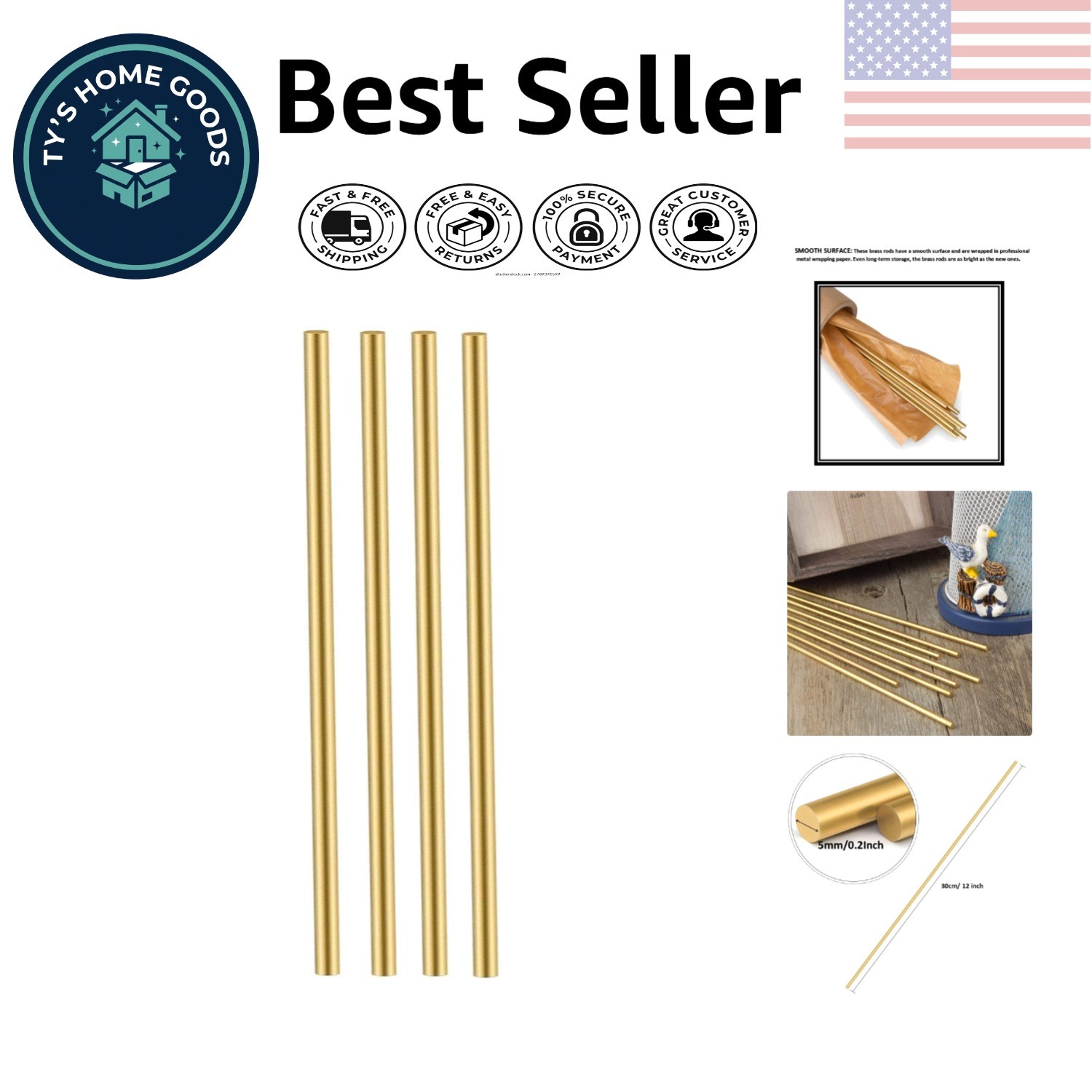 Quality Solid Brass Round Rods 5mm - 12 Inch Length for Crafts and Engineering