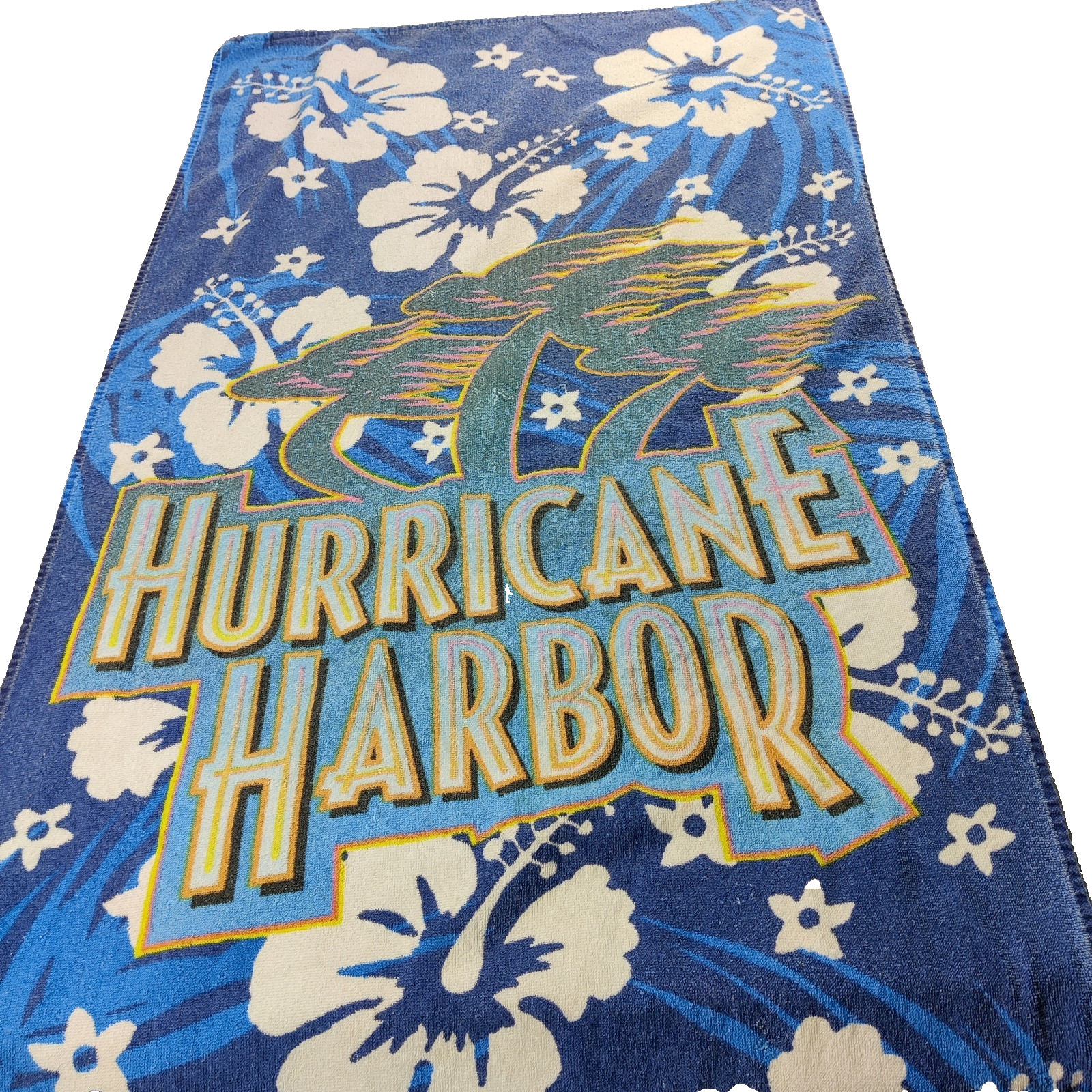 Vtg Six Flags Hurricane Harbor Beach Towel Blue Hibiscus Floral Palm Tree Logo