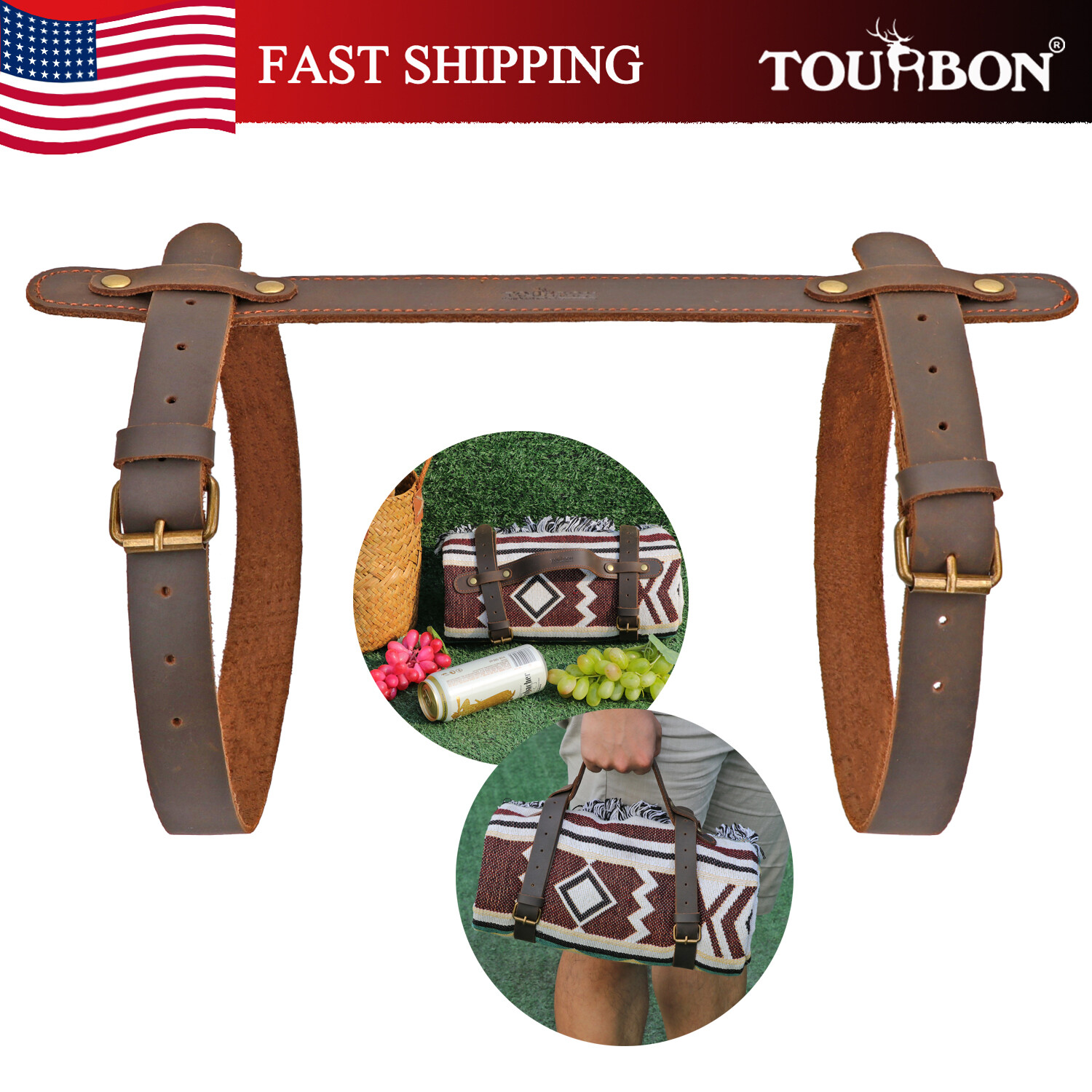 TOURBON Leather Adjustable Picnic Blanket/Mats Carrier Strap Camping for Gift