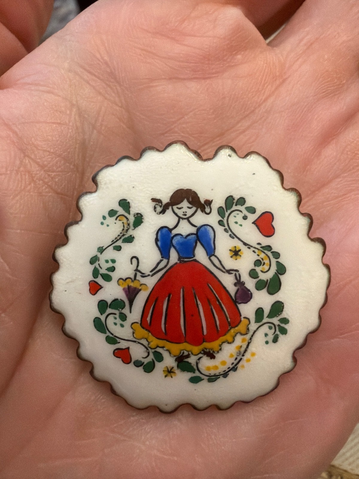 VTG Austrian Folk Art Round Floral Enameled Brooch 1.5”