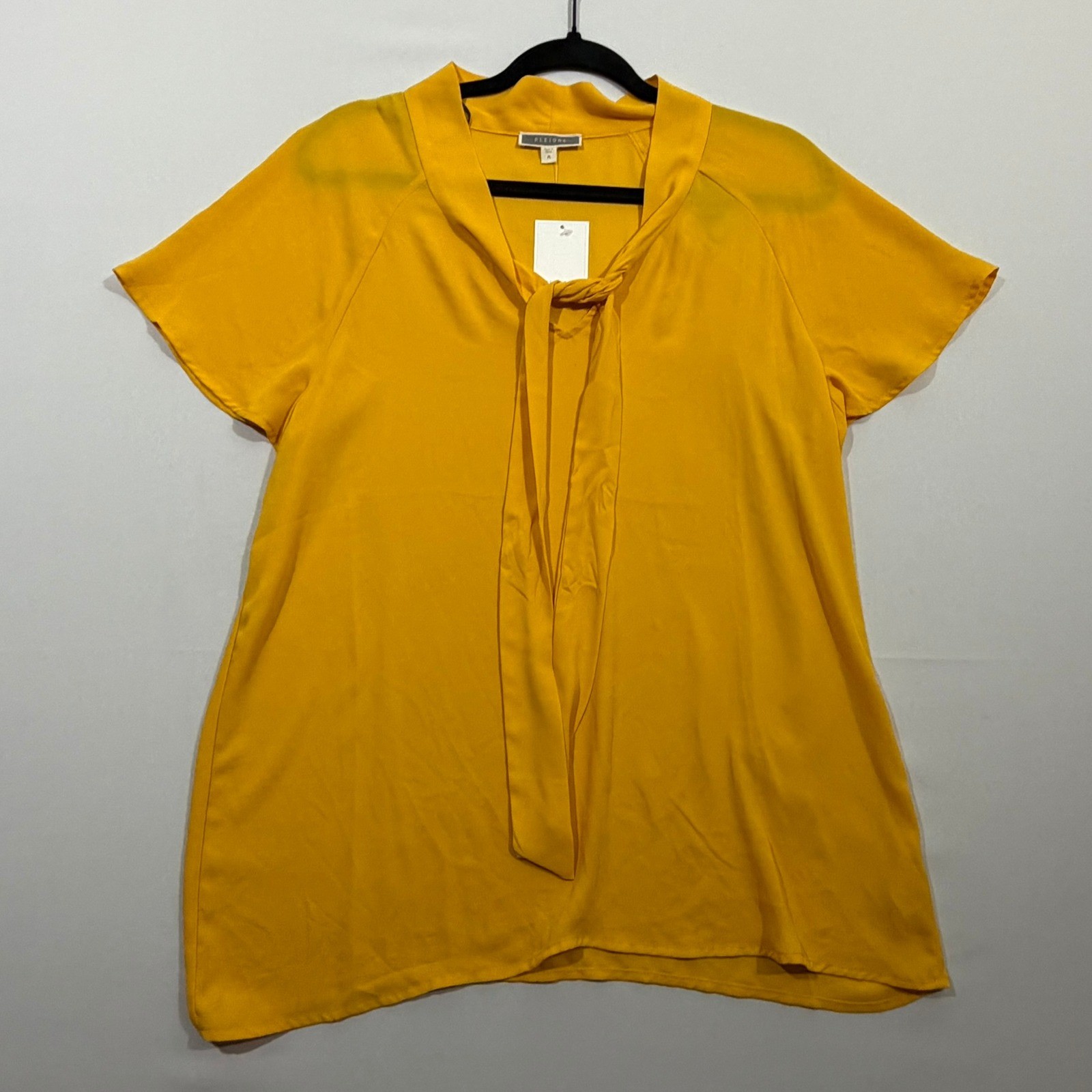 Pleione Blouse Tie Neck Short Sleeve Mustard Yellow Office Career Womens Size M