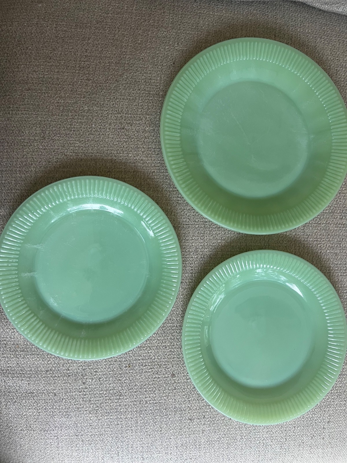 Vintage Fire-King Jadeite Jane Ray Plates - Set of 3 (1 Dinner, 2 Salad) Unmarke