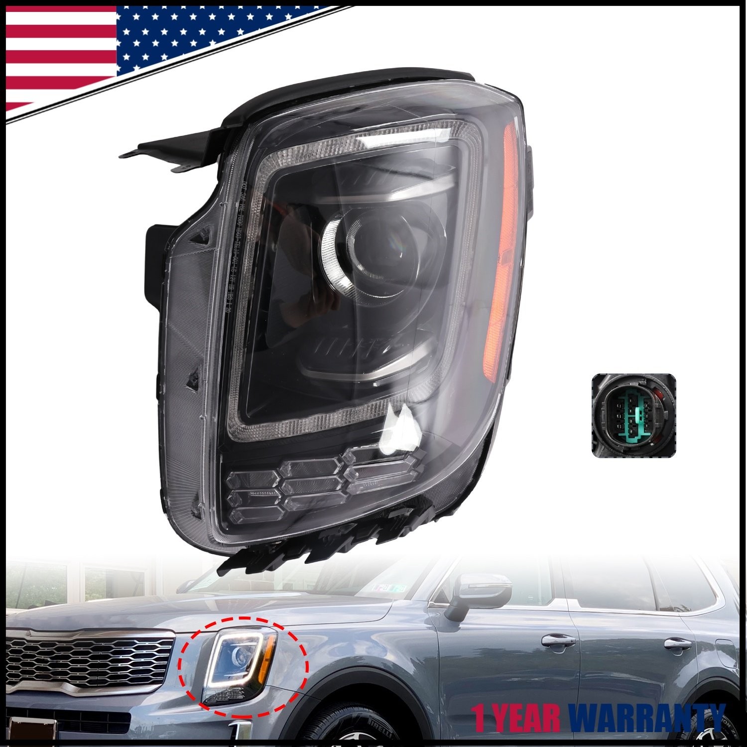 Halogen Headlight For 2020-2022 Kia Telluride W/LED DRL 92101-S9000 Driver Side