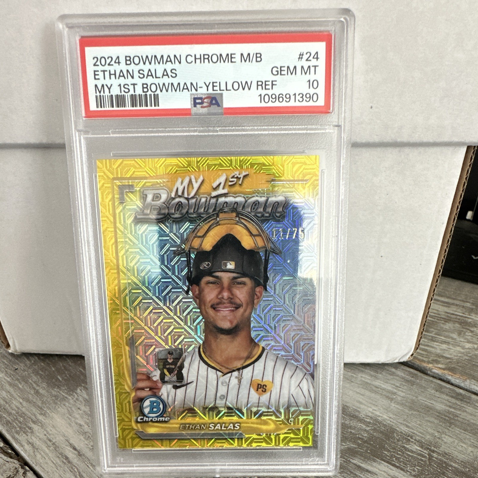 Topps 2024 Bowman Chrome My 1st Bowman Ethan Salas M1B-24 Yellow Mojo /75 PSA 10