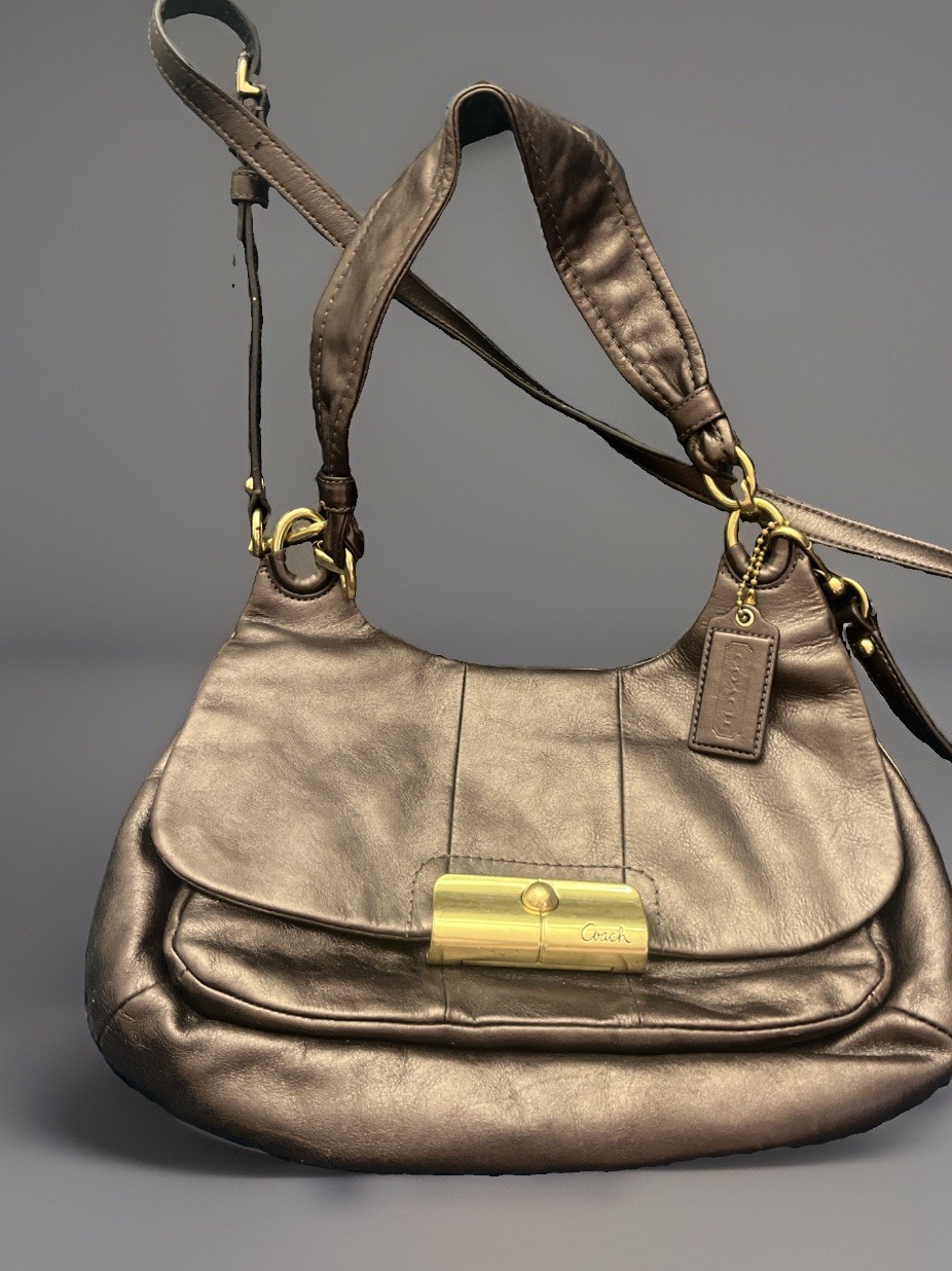 Vintage Coach Metallic Bronze / Brown Leather Flap Crossbody Shoulder Bag EUC