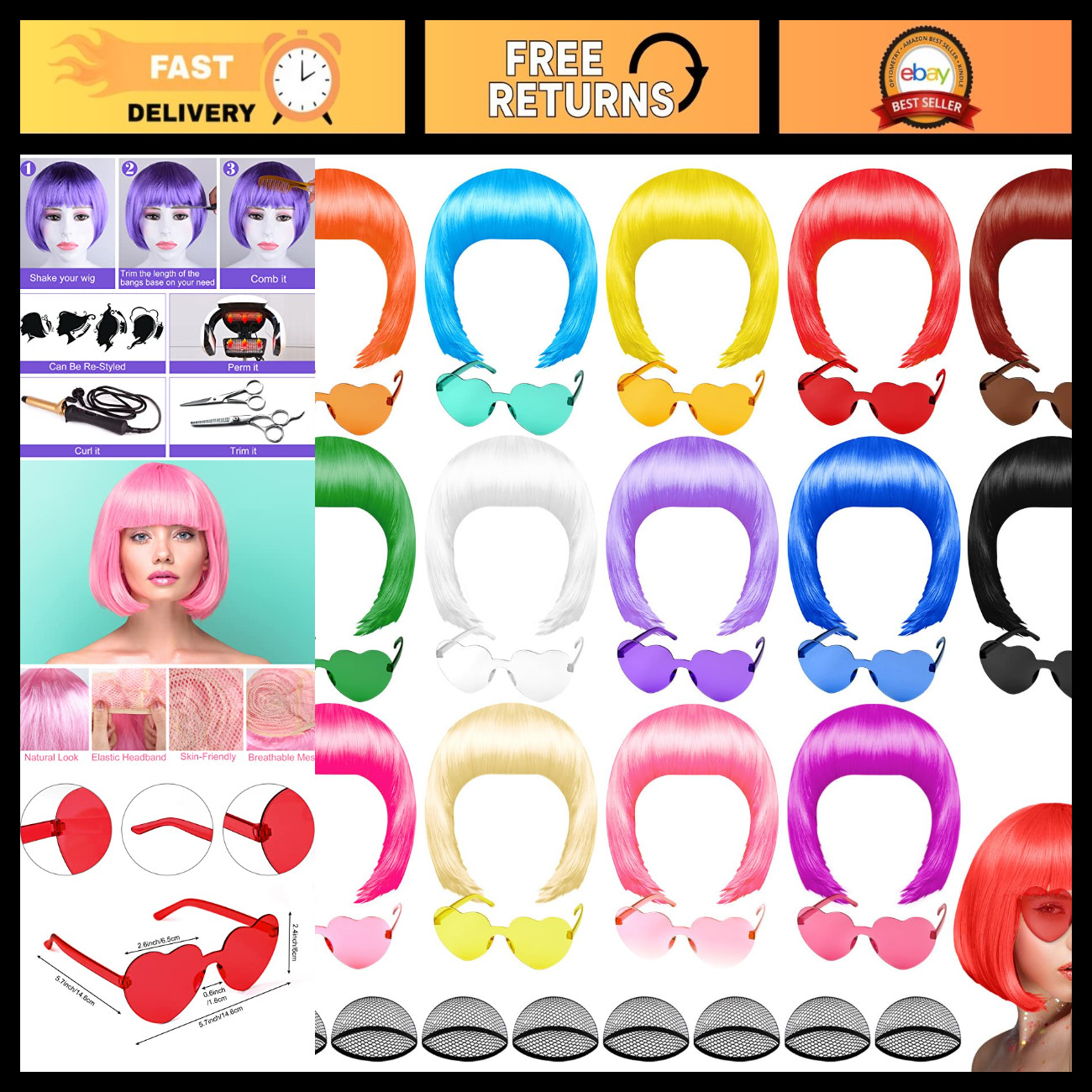 14 Pcs Colorful Bob Wigs Set with Heart Glasses - Neon Party Costume Accessories 14 Pcs Colorful Bob Wigs Set with Heart Glasses - Neon Party Costume Accessories