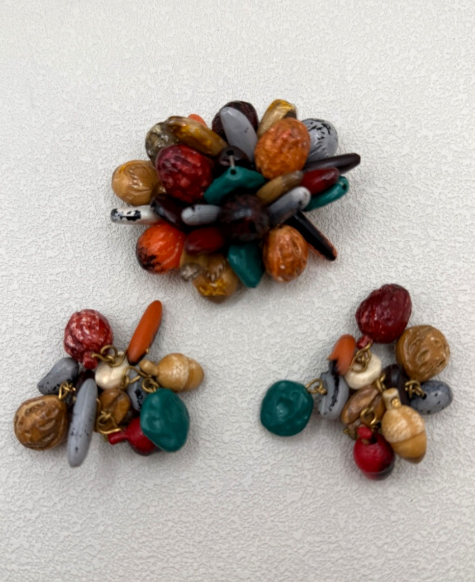 Vintage West Germany Brooch and Earrings Set Fruit Nuts Fall Harvest Autumn Vintage West Germany Brooch and Earrings Set Fruit Nuts Fall Harvest Autumn