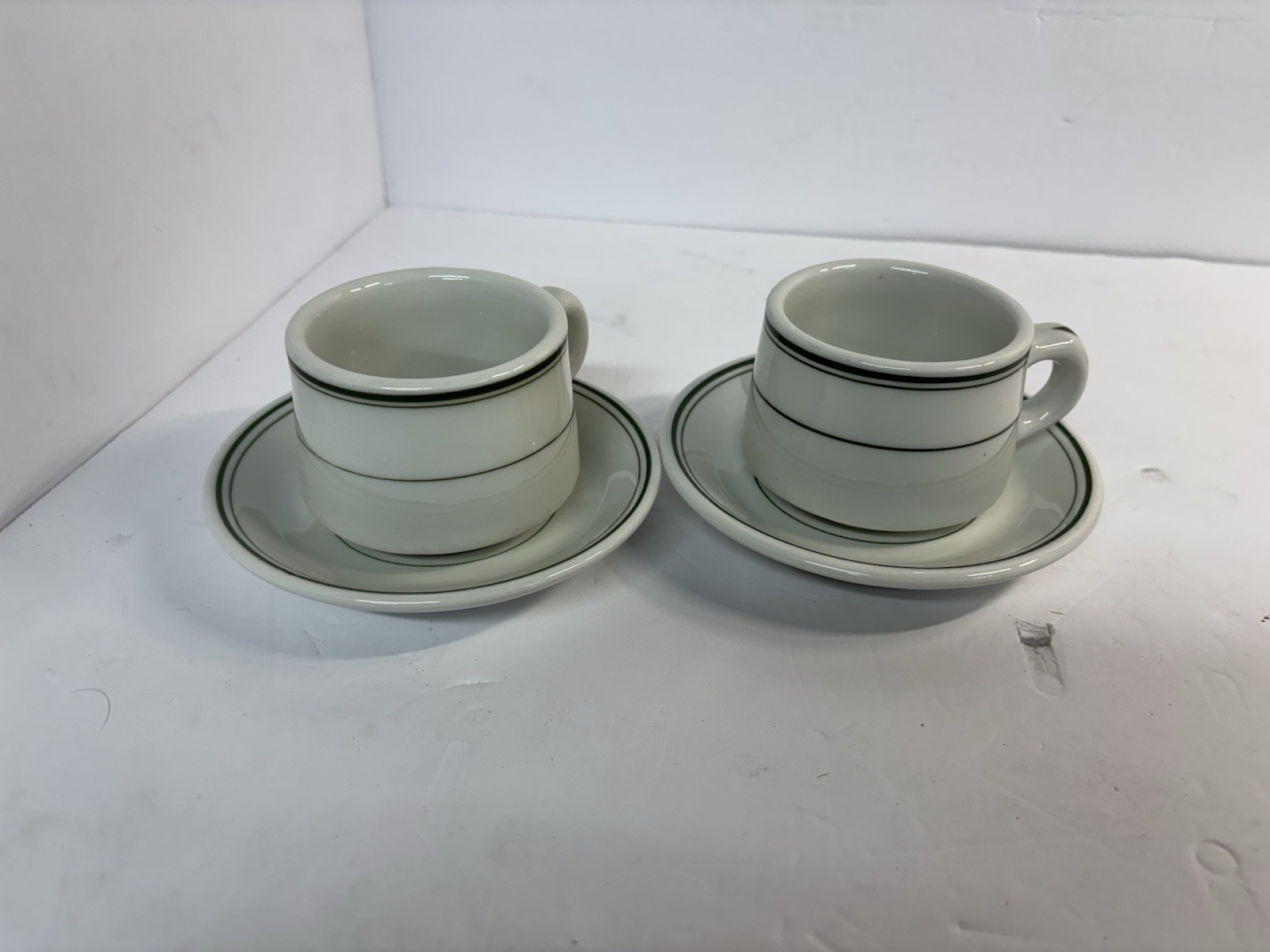 2 Vintage Allegheny/Later Buffalo China Coffee Mugs & Saucers Restaurant Ware
