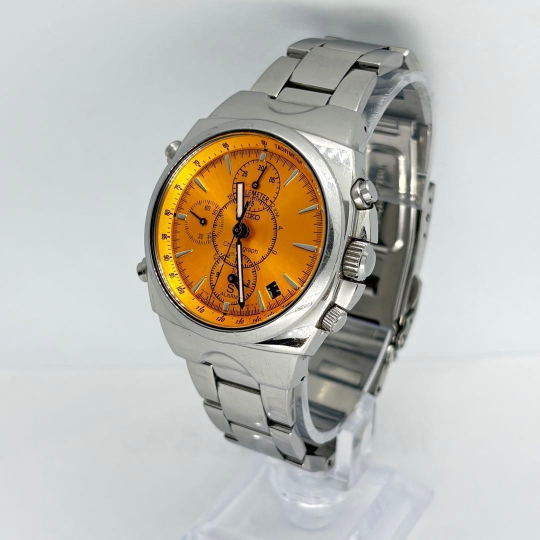Vintage SEIKO 7T32-9000 Vintage Alarm Chronograph Orange Dial Quartz From Japan