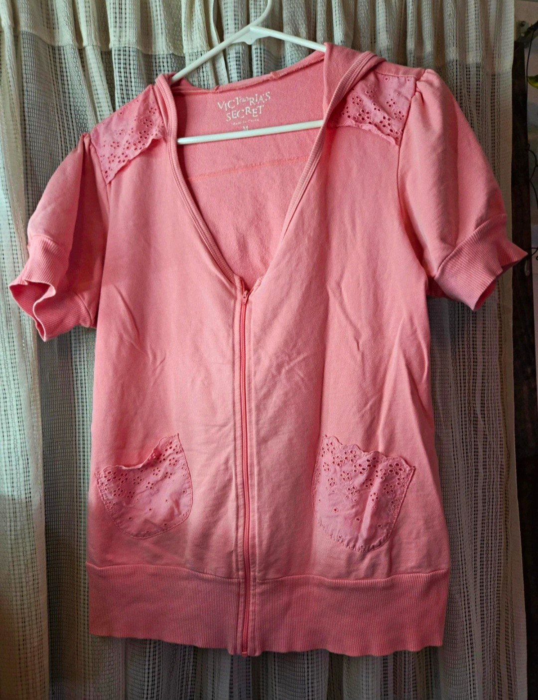 Y2k Vintage Victoria\'s Secret Pink Solid Full Zip Short Sleeve V-Neck