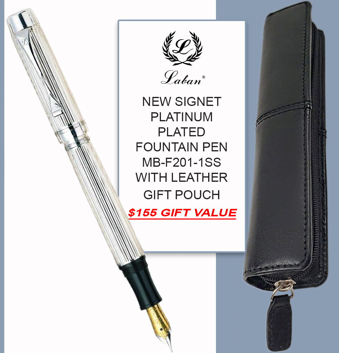 Laban Platinum Plated Lined Pattern Signet Fountain Pen Med Nib & Leather Pouch