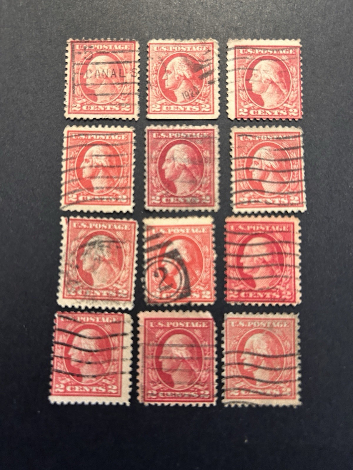 US Stamp 1912-1921 used 12 Washington Red Perf 11x11 unchecked, shades US Stamp 1912-1921 used 12 Washington Red Perf 11x11 unchecked, shades
