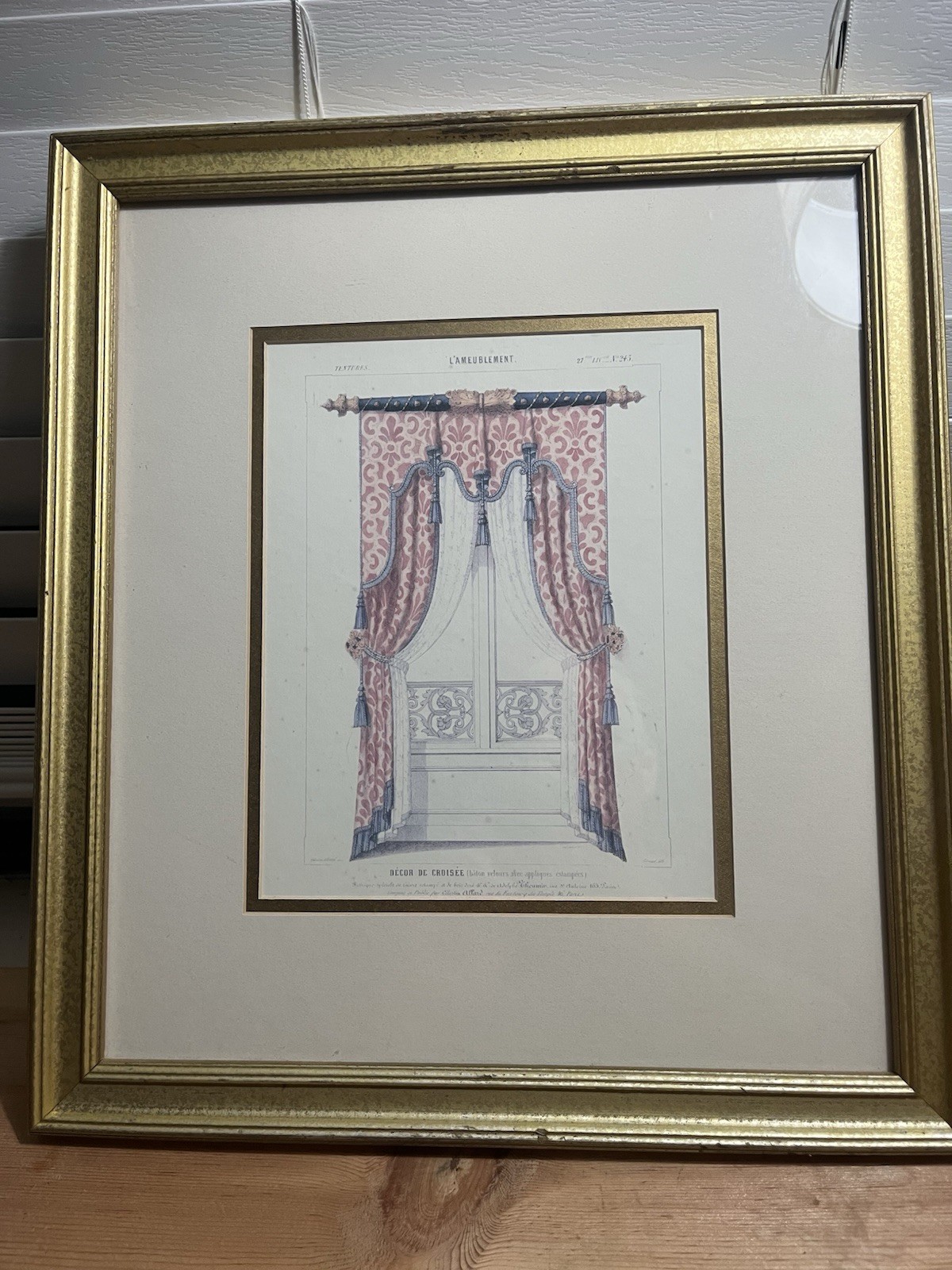 Antique 19th Century French Print Interior Curtain Styles In 17x15 Gold Frame