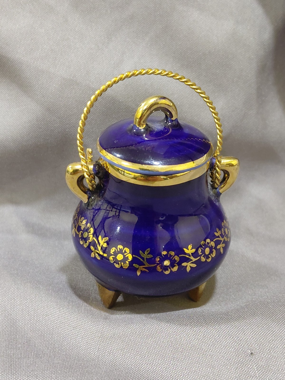 Vintage Limoges Cauldron Cobalt Blue Gold Footed Trinket Box