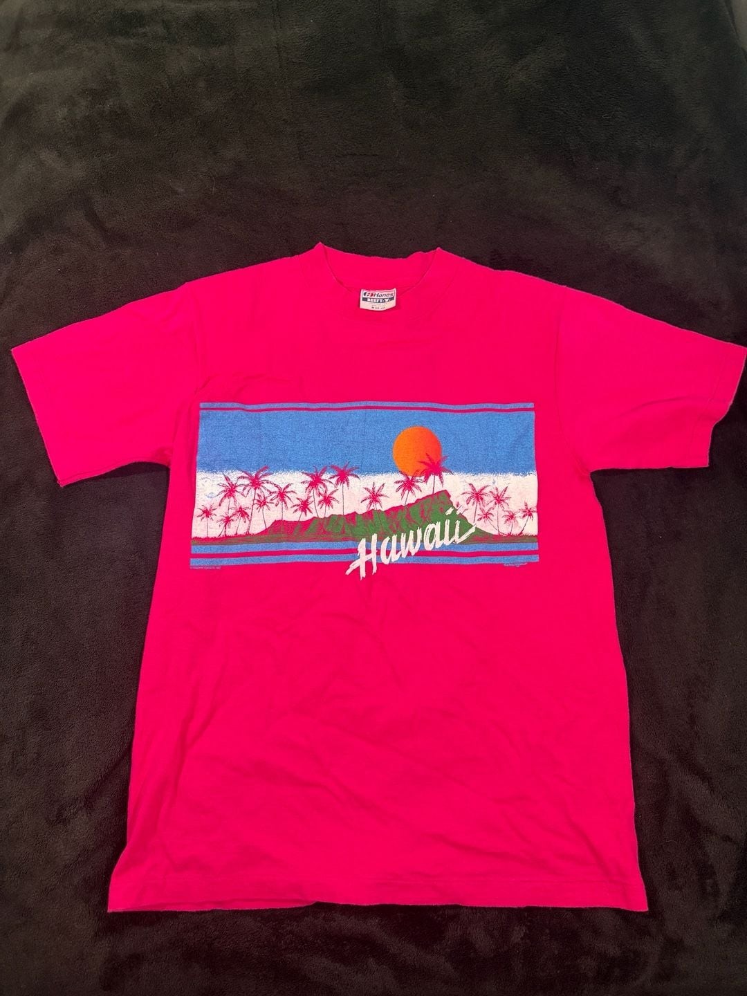 Hanes Hawaii Sunset Palm Trees T-Shirt Size M 38-40 Pink Vintage