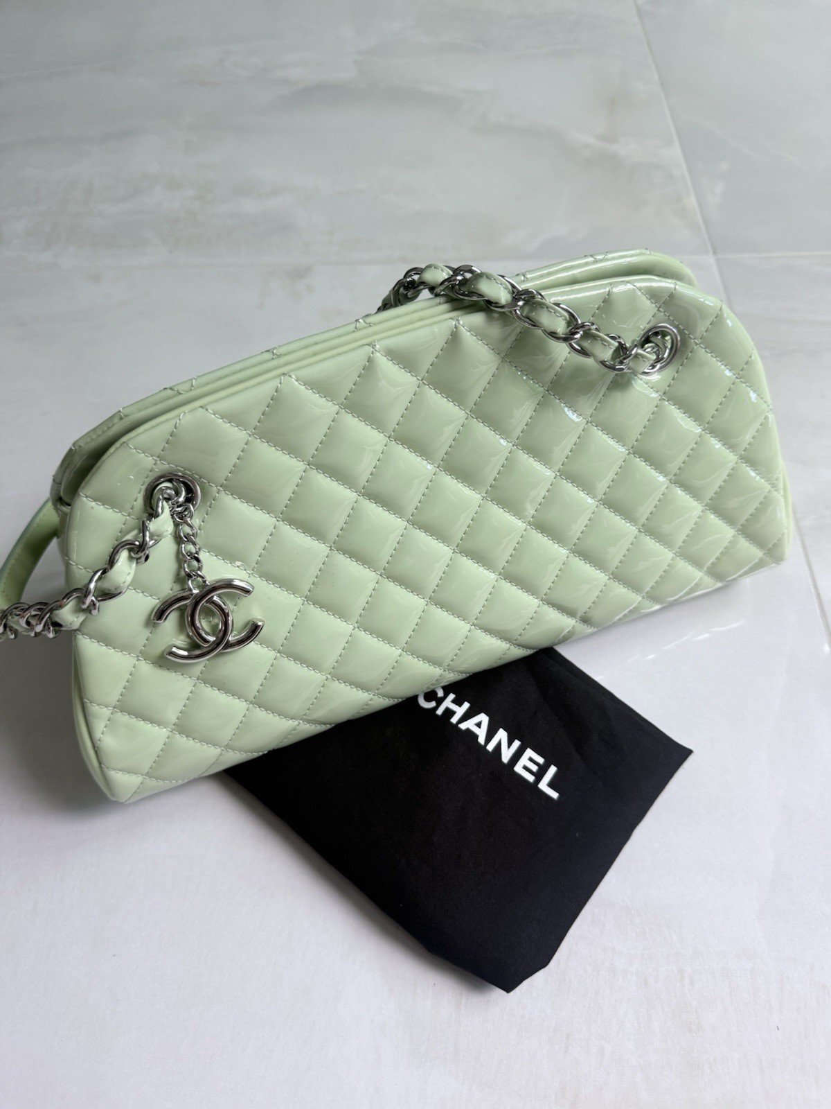 Chanel mint green quilted bowling purse bag patent leather BNWT