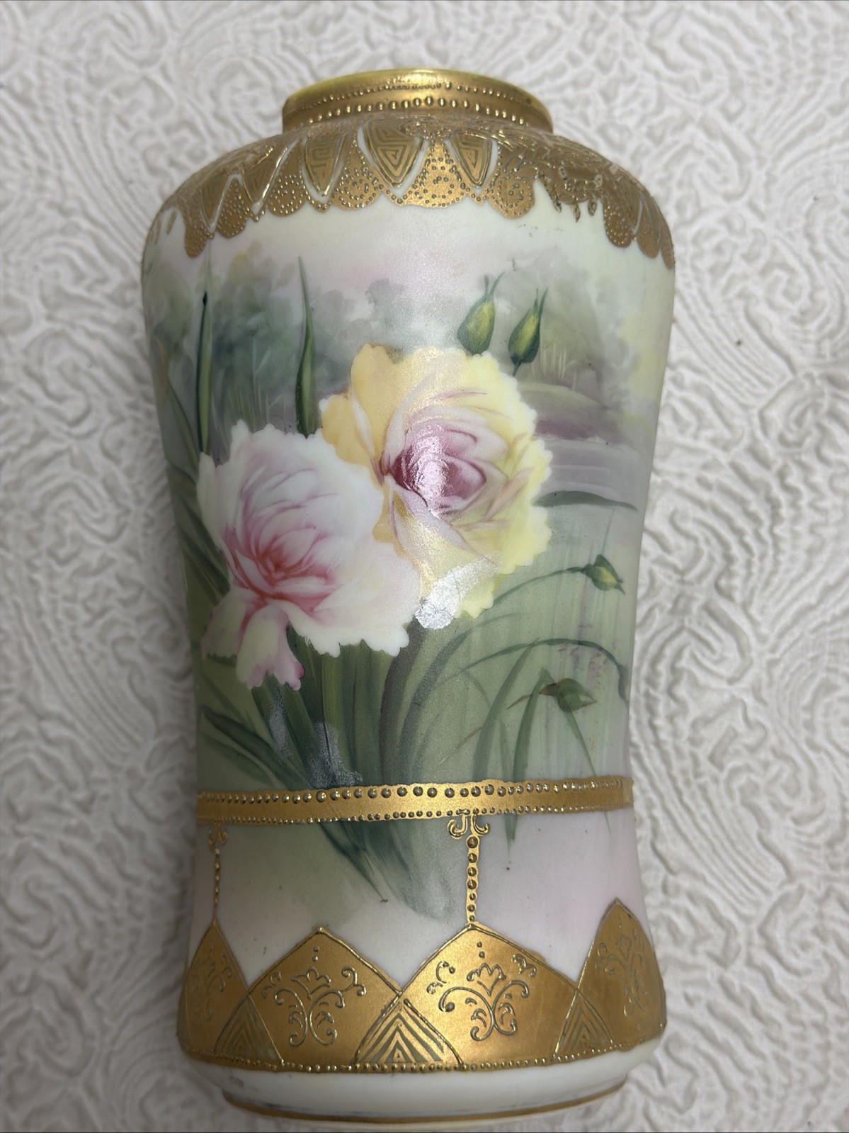 Vintage Nippon Pink Cabbage Rose Hand Painted vase  8.5” Jeweled Gilt Edge rare
