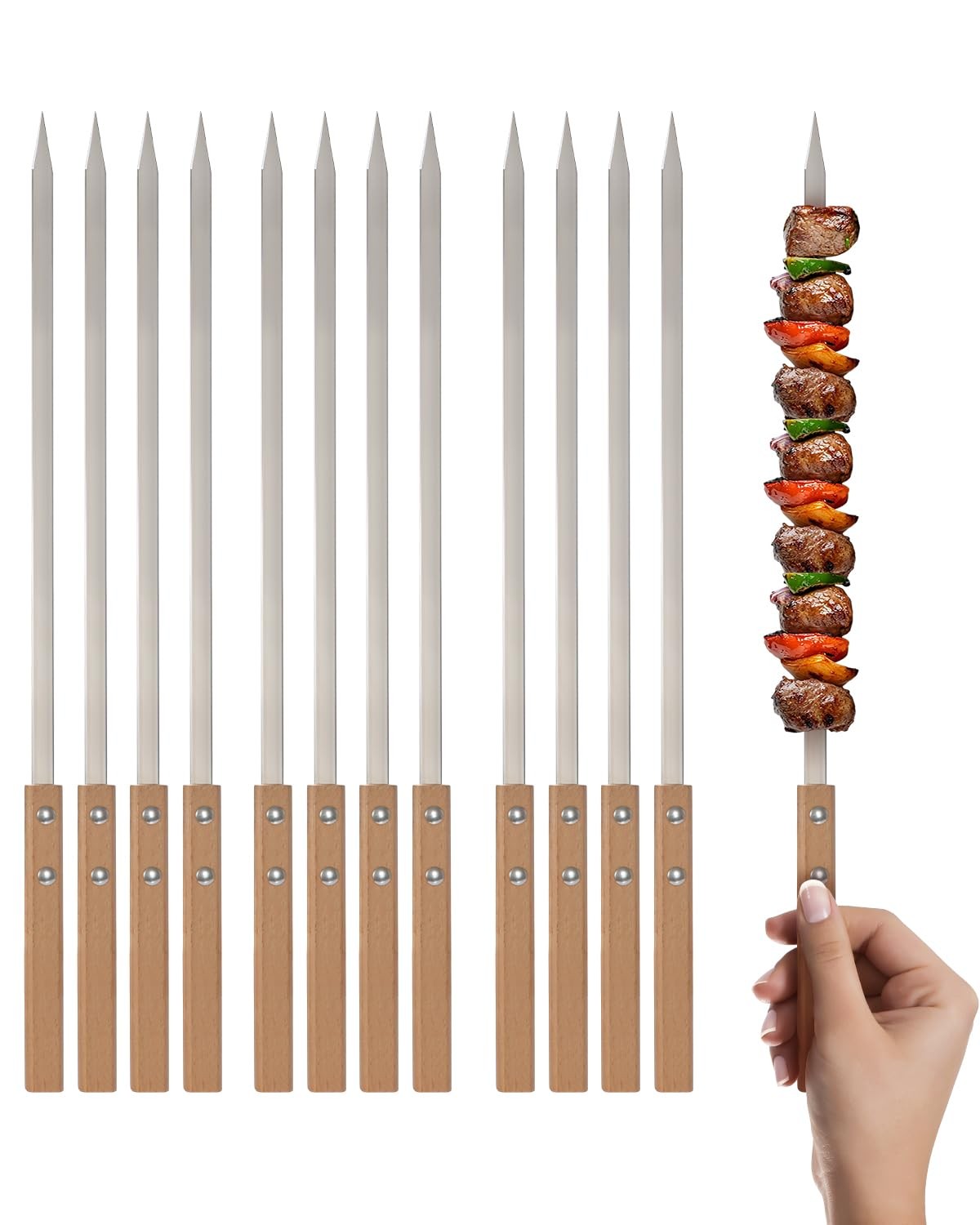 12 PCS 17 Inch Flat Stainless Steel Kabob Skewers 3/8 Inch Wide Wood Handle
