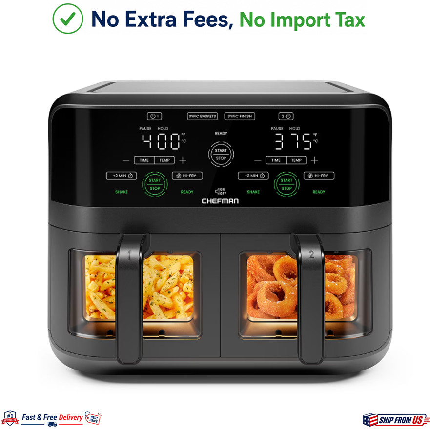 CHEFMAN 6 Qt Dual Basket Air Fryer Sync Finish Easy View Digital Black