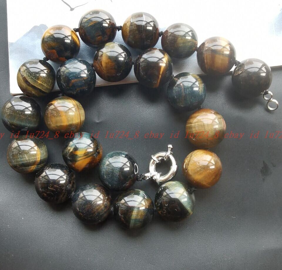 16mm/18mm Natural Blue Yellow Tiger Eye Stone Quartz Beaded Necklace 16-100\