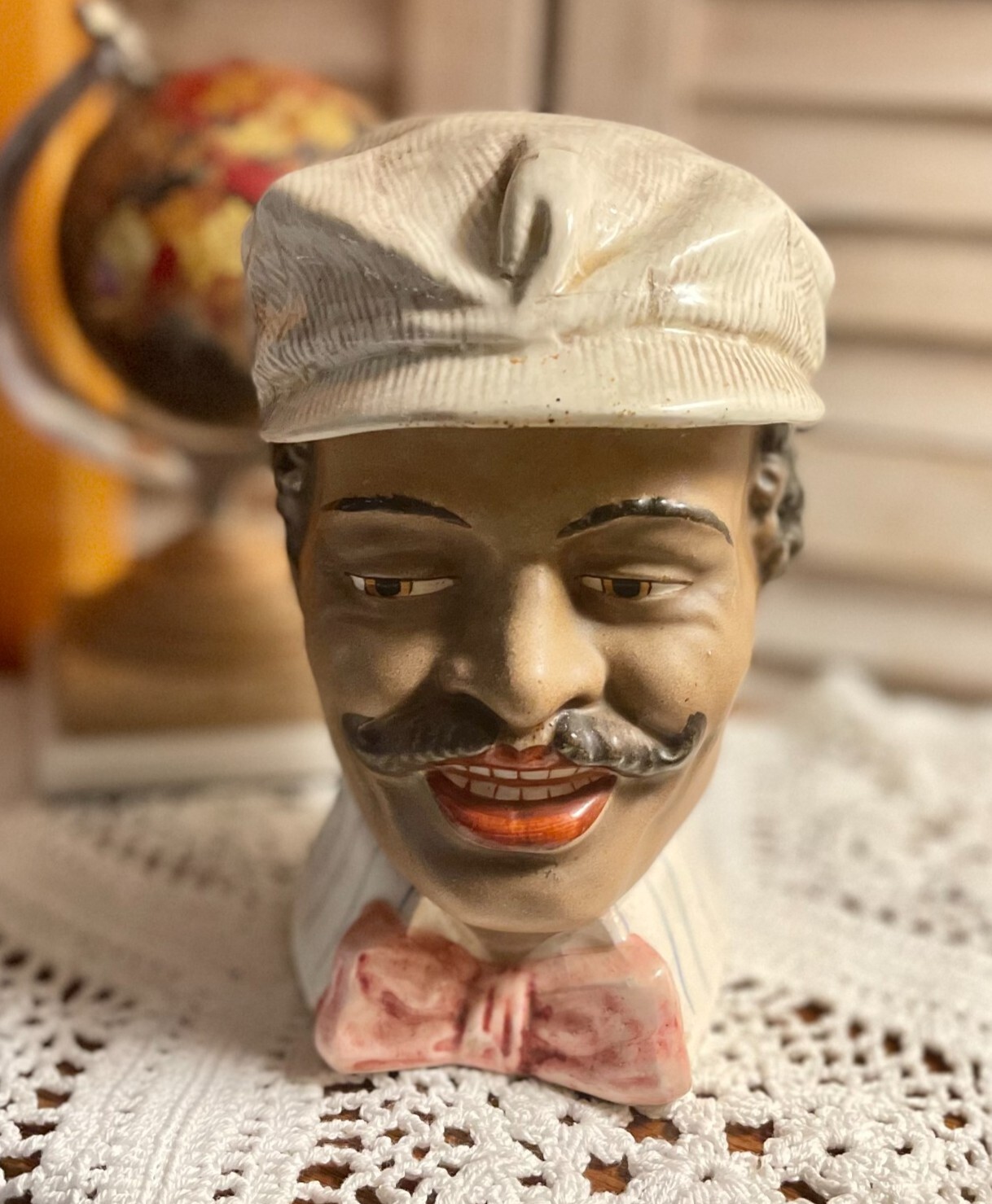 1900\'s Majolica Tobacco Humidor, Handsome Gent Figural Tobacciana