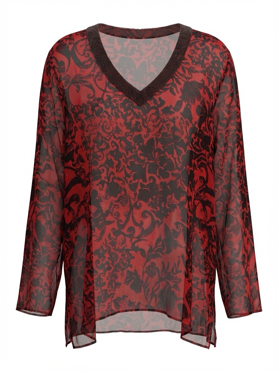 Chico\'s 2 100% Silk Red Floral Blouse Size Large Sheer