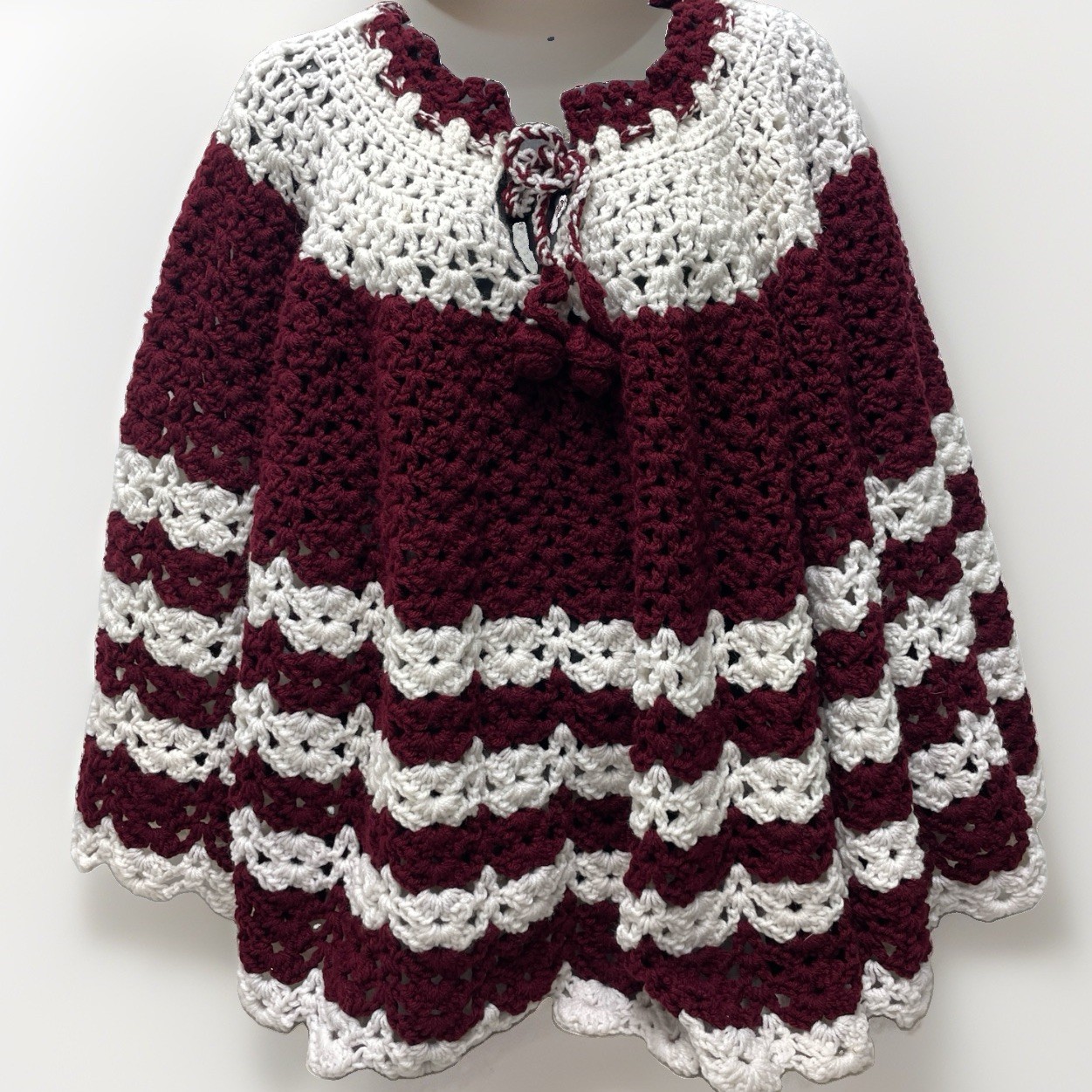 Vintage Handmade Crochet Shawl Cape Maroon White Grandmacore Cottagecore One Sz