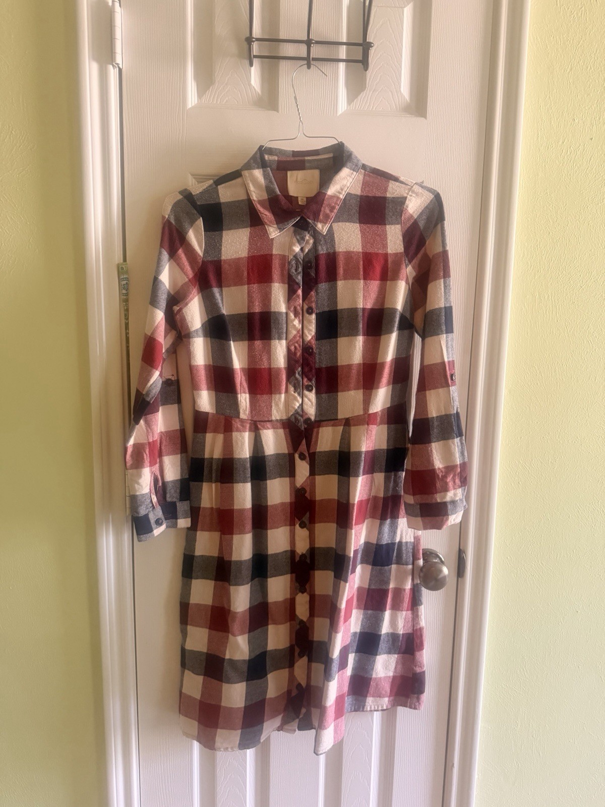 ModCloth Plaid Shirt Dress Medium Red Blue Cotton Button Front Cottagecore ModCloth Plaid Shirt Dress Medium Red Blue Cotton Button Front Cottagecore