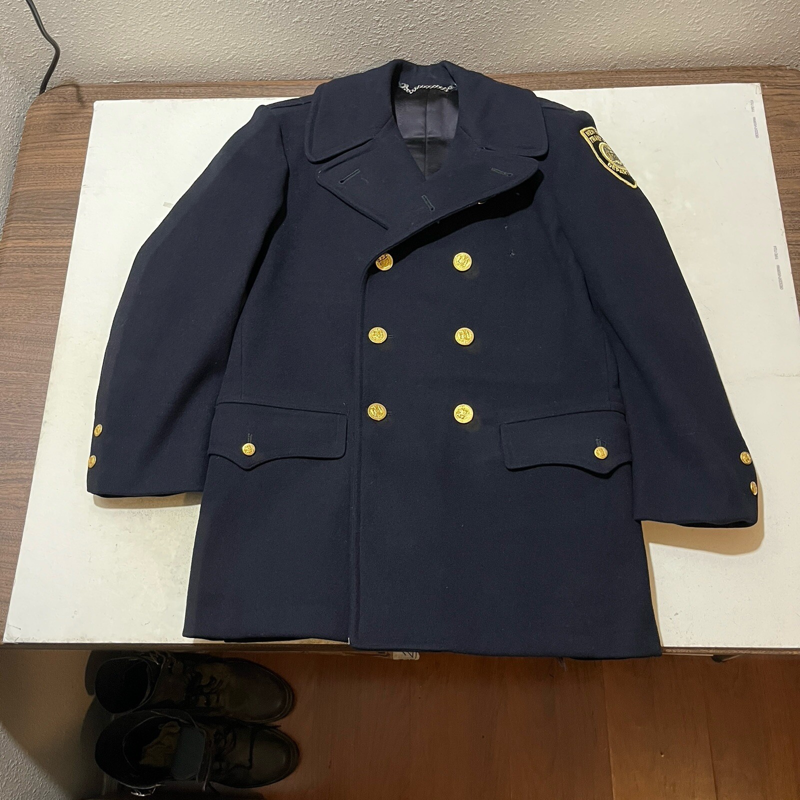 Vintage New York Police Peacoat Jacket NYPD 1950s Wool Reefer Choker Plaid Lined