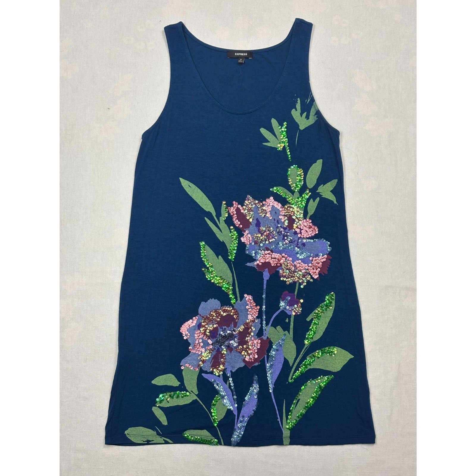 Vintage Y2K Express Blue Floral Hand-Beaded Sequined Jersey Tank Dress - Sz S