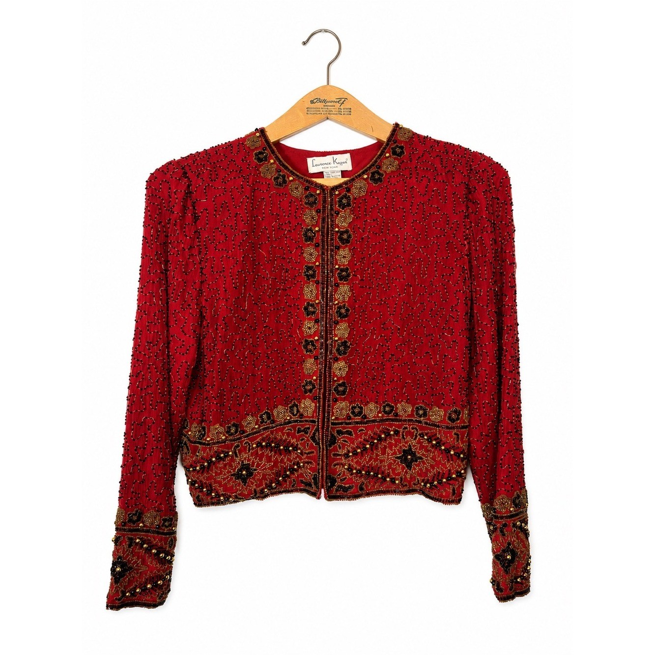 Laurence Kazar 100% Silk Beaded Cardigan Jacket Red Holiday Vintage 80s Cocktail