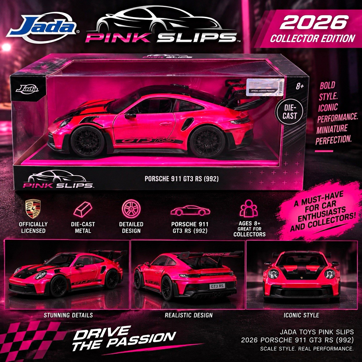 Jada Toys Pink Slips 2026 Porsche 911 GT3 RS (992) 1:24 Diecast - Pink