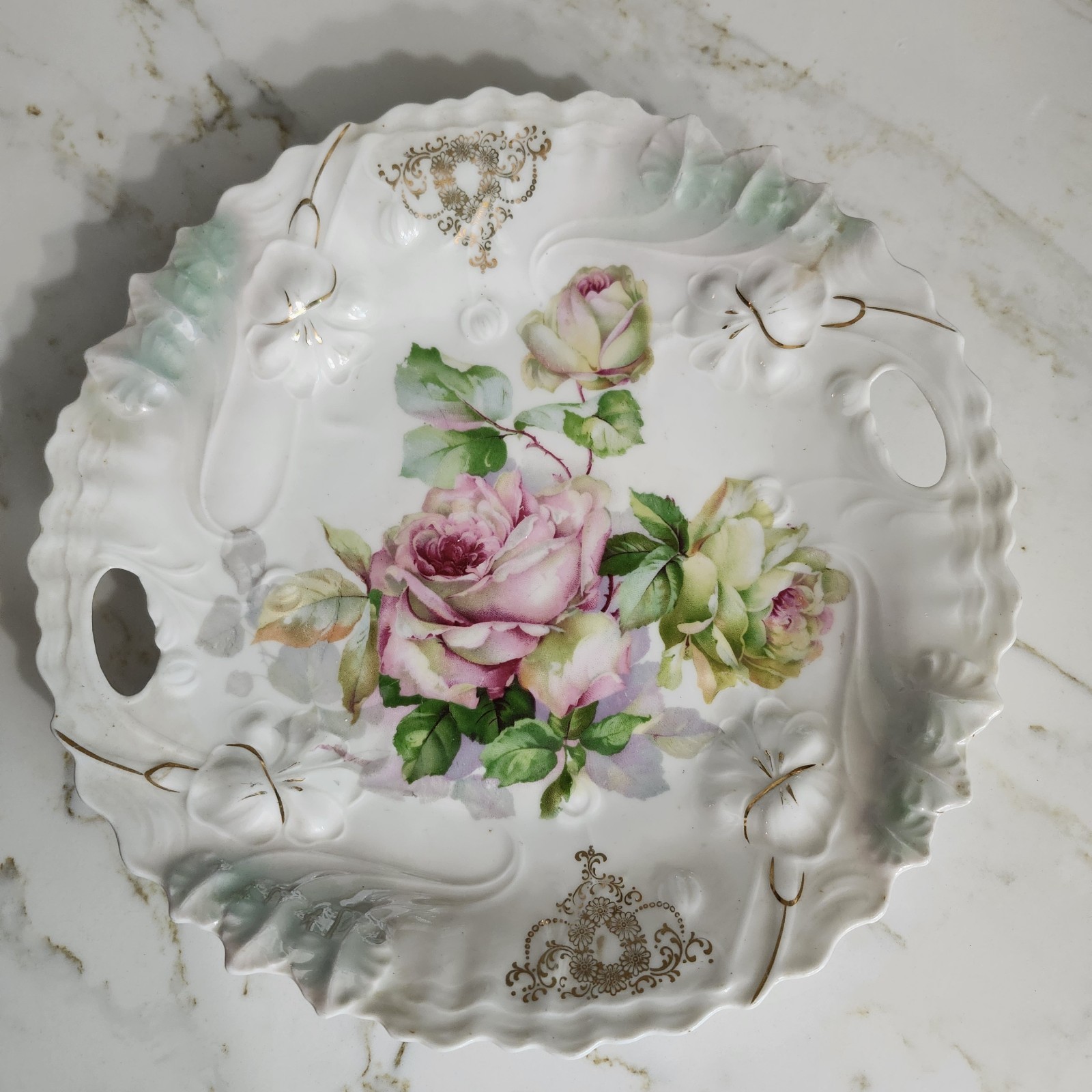 Antique Irridescent Hand Painted Lusterware Roses Gold Handled Bowl Dish Germany