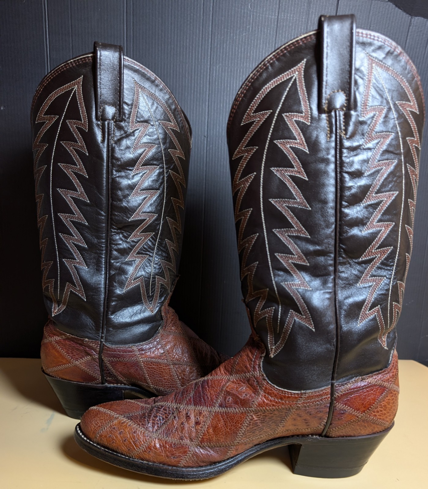 Vtg 1989 Tony Lama Men\'s Boots Patchwork Exotic Skin Ostrich  Size 8.5 D