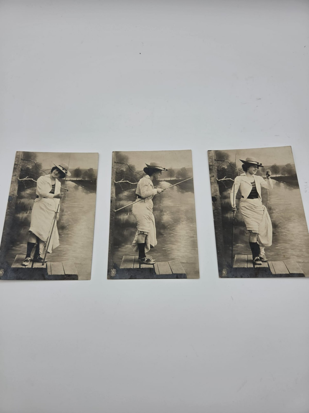 Rotophot RPPC Lot 3 Antique Postcards Edwardian Lady Fishing Bloomers Set S277